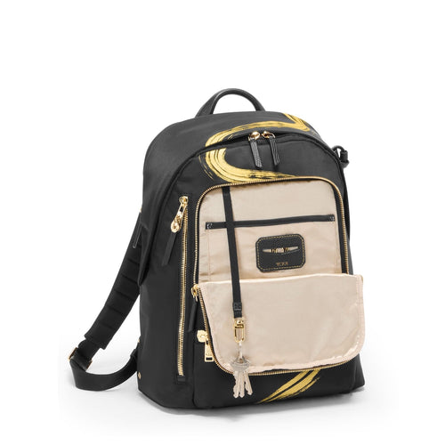 front pocket of gold brush stroke TUMI Voyageur Halsey Backpack