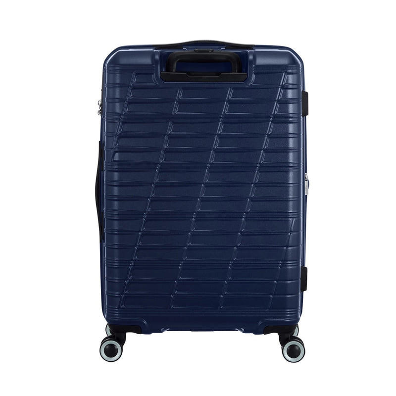 back of metallic blue American Tourister Surftime Spinner Carry-On