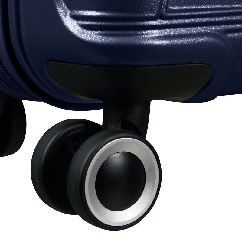 wheels of metallic blue American Tourister Surftime Spinner Carry-On