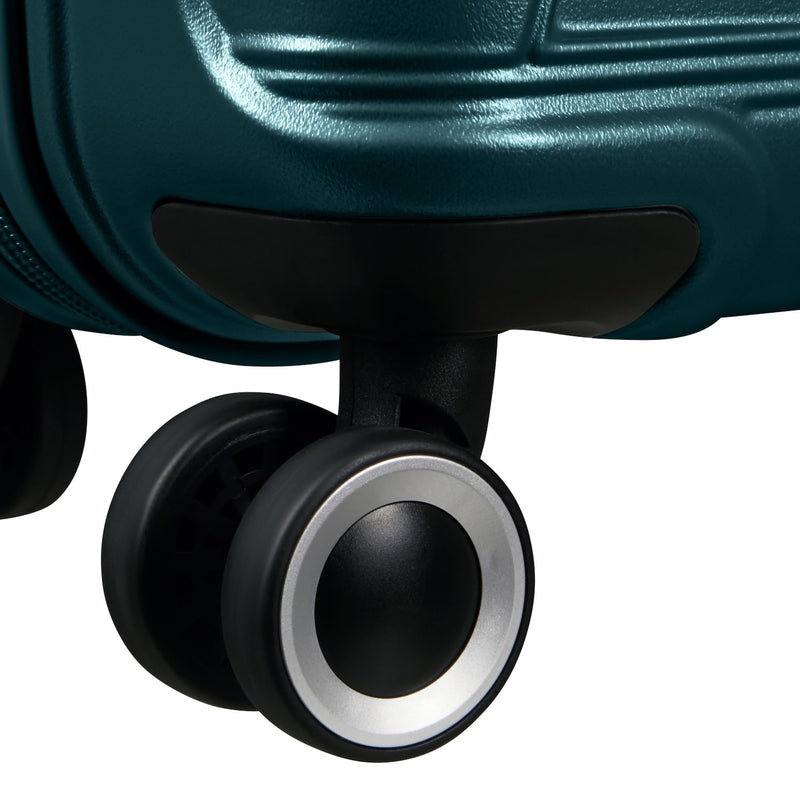 wheels of metallic teal American Tourister Surftime Spinner Carry-On