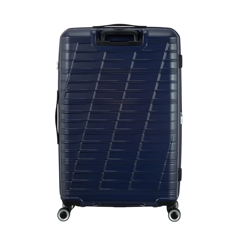 back of metallic blue American Tourister Surftime Spinner Large Expandable