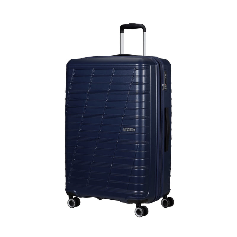 front of metallic blue American Tourister Surftime Spinner Large Expandable