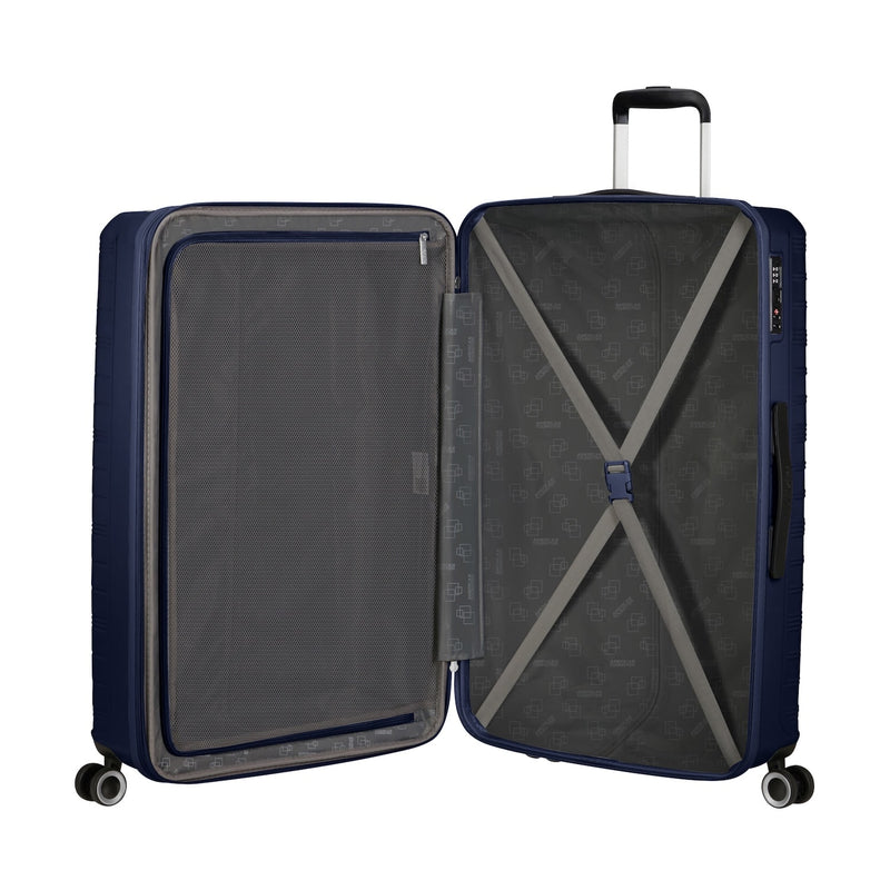 inside of metallic blue American Tourister Surftime Spinner Large Expandable