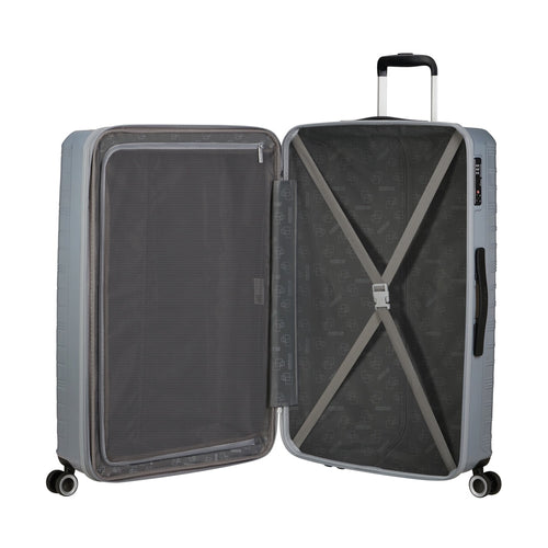 inside of silver American Tourister Surftime Spinner Large Expandable