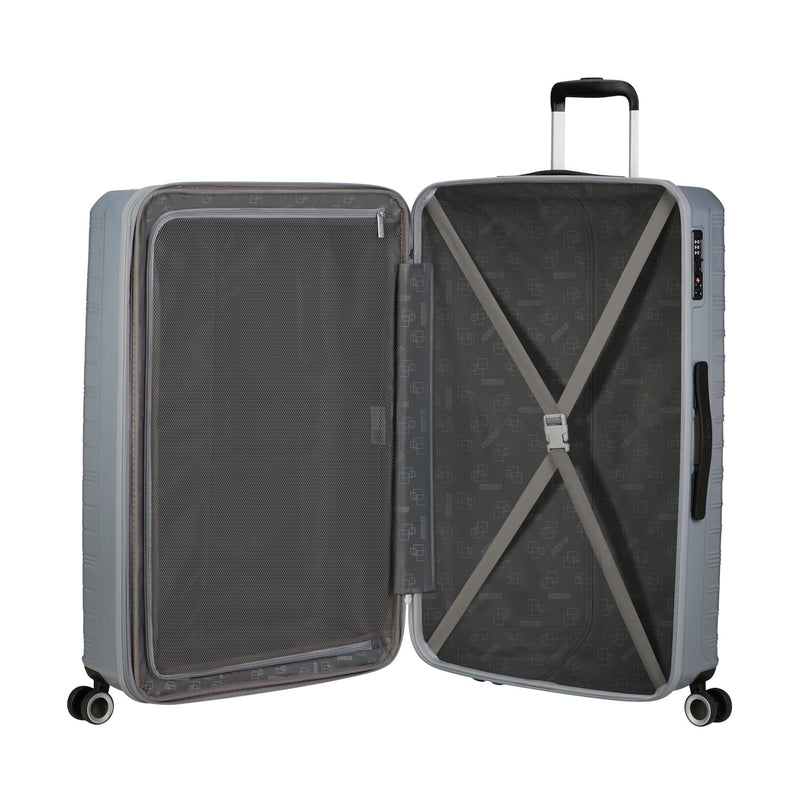 inside of silver American Tourister Surftime Spinner Large Expandable