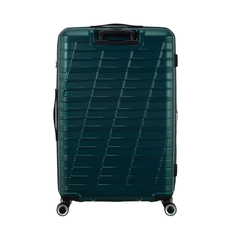 back of metallic blue American Tourister Surftime Spinner Large Expandable