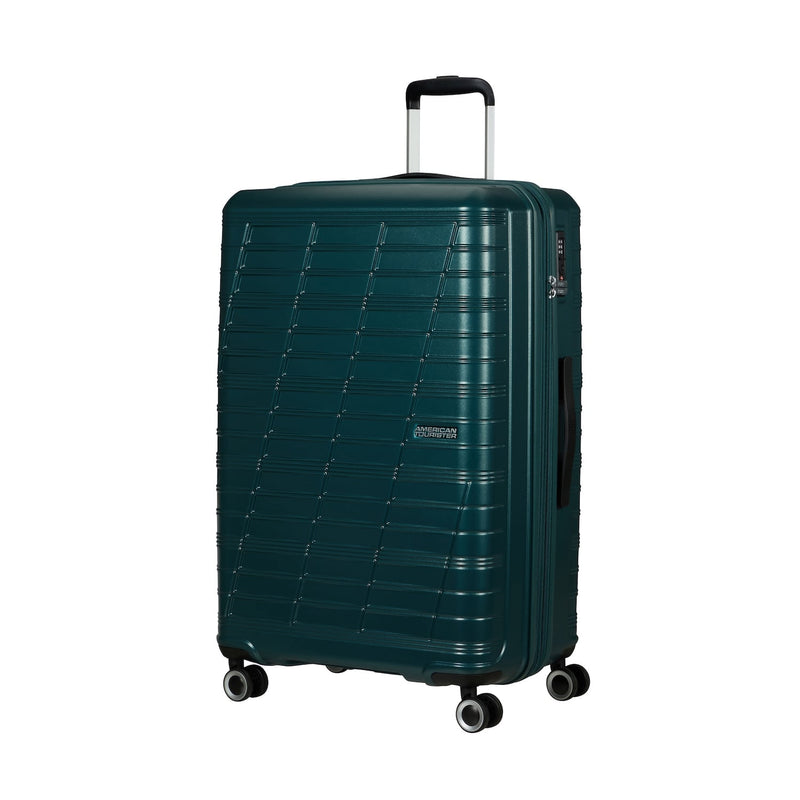 front of metallic teal American Tourister Surftime Spinner Large Expandable