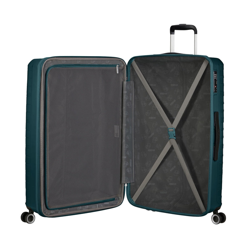inside of metallic blue American Tourister Surftime Spinner Large Expandable