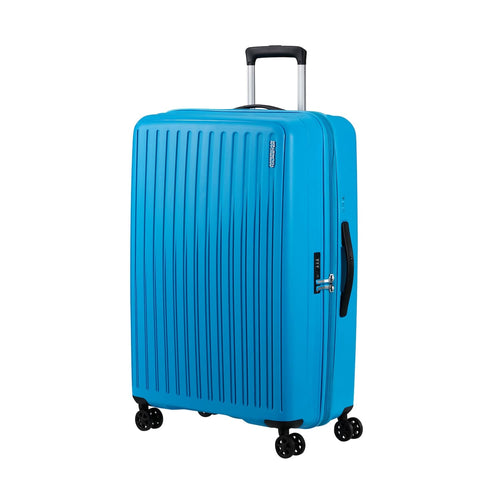 front of azure blue American Tourister Rejoy Spinner Large Expandable