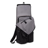 Black TUMI backpack with open front compartment on a white background