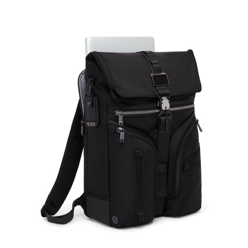Black TUMI backpack with laptop compartment on a white background