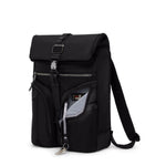 Black TUMI backpack with multiple pockets on a white background