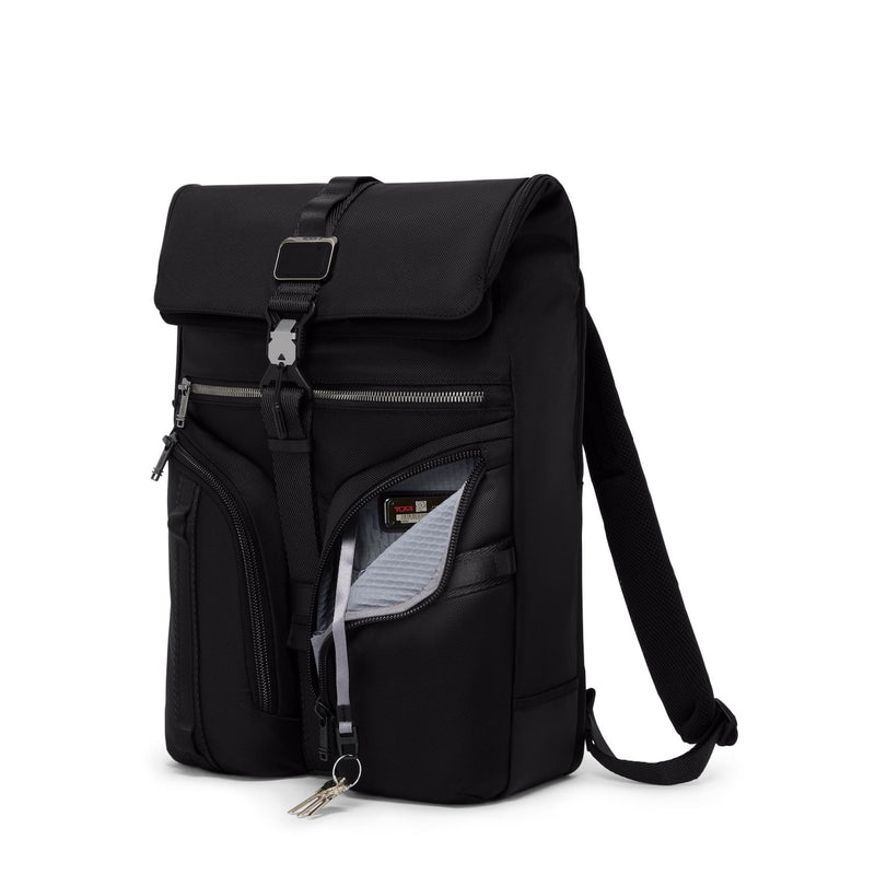 Black TUMI backpack with multiple pockets on a white background
