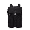 Black TUMI backpack with multiple pockets and zippers on a white background