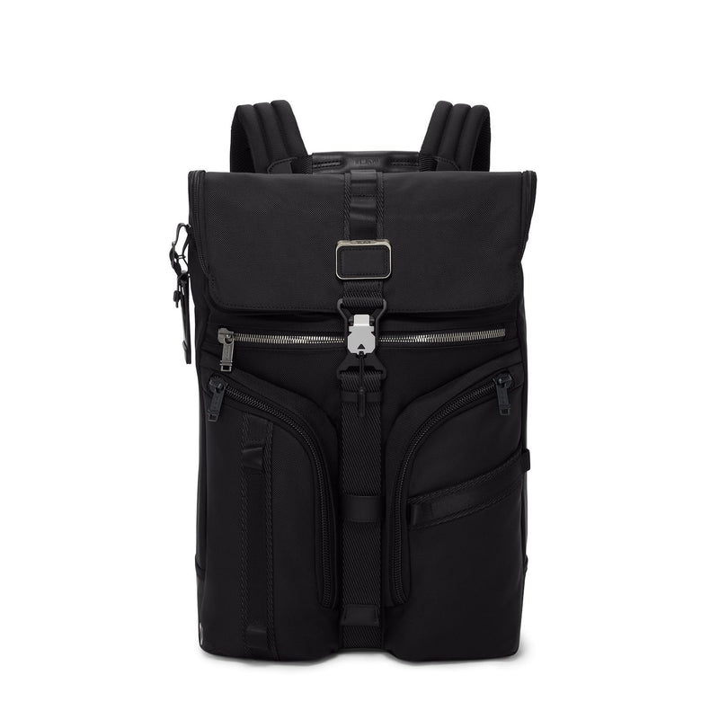 Black TUMI backpack with multiple pockets and zippers on a white background