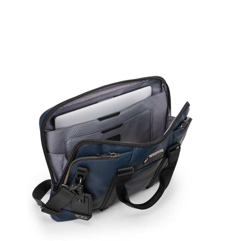 Blue TUMI laptop bag on a white background