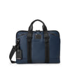 Blue TUMI briefcase with black straps on a white background