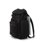 Black TUMI backpack with a laptop compartment on a white background