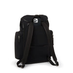 Black TUMI backpack with a phone pocket on a white background