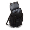 Black TUMI backpack with open lid on a white background