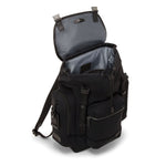 Black TUMI backpack with open lid on a white background