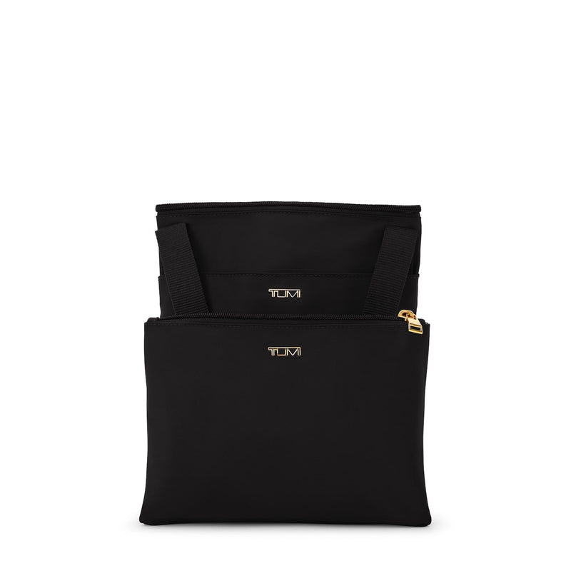 Two black TUMI bags with gold zippers and 'TUMI' branding on a white background