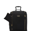 Black TUMI suitcase with gold accents on a white background
