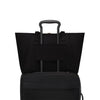 Black TUMI suitcase with handle and wheels on a white background