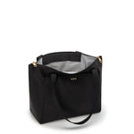 Black TUMI tote bag with gold accents on a white background