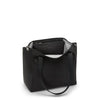 Black TUMI handbag with a visible brand logo on a white background