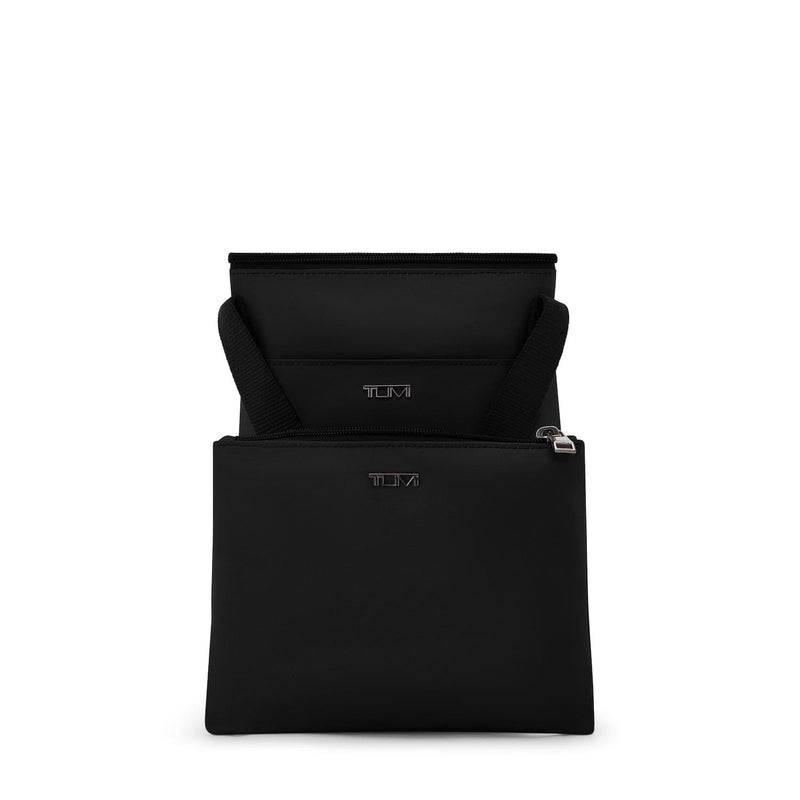 Black TUMI pouch with zipper and TUMI logo on a white background