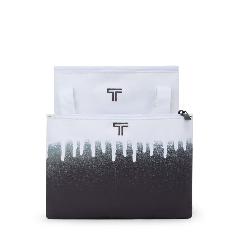 Black and white TUMI pouch with a gradient design and logo on a white background