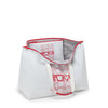 white and red TUMI tote bag on a white background