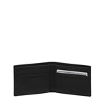 Black leather wallet open on a white background