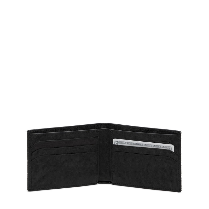 Black leather wallet open on a white background