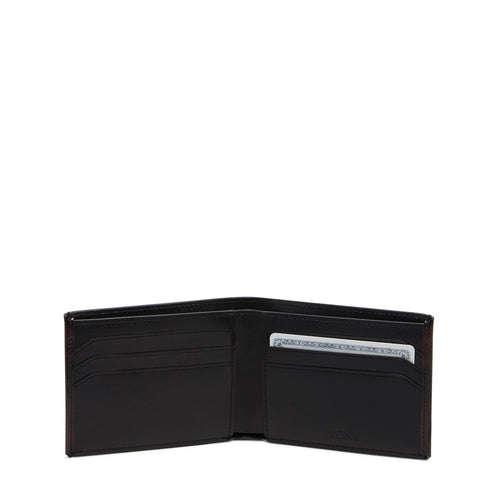 Black leather wallet open on a white background
