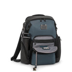 Blue and black TUMI backpack with multiple compartments on a white background