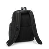 Black TUMI backpack with multiple compartments on a white background