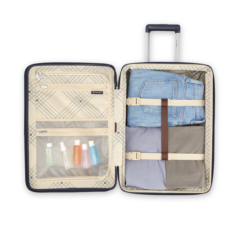 inside of navy Samsonite Virtuosa Spinner Carry-On