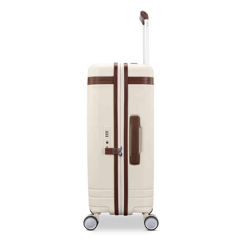 side of off white Samsonite Virtuosa Spinner Carry-On