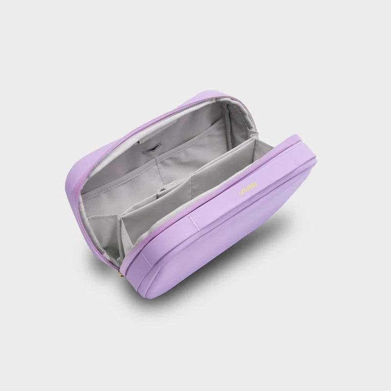 Purple orbitkey pouch with open lid on a light gray background