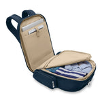 opening of navy Briggs & Riley Baseline Traveler Backpack