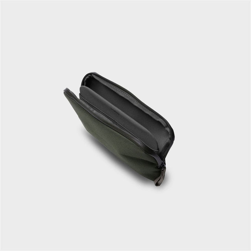 Olive orbitkey rectangular pouch on a light gray background