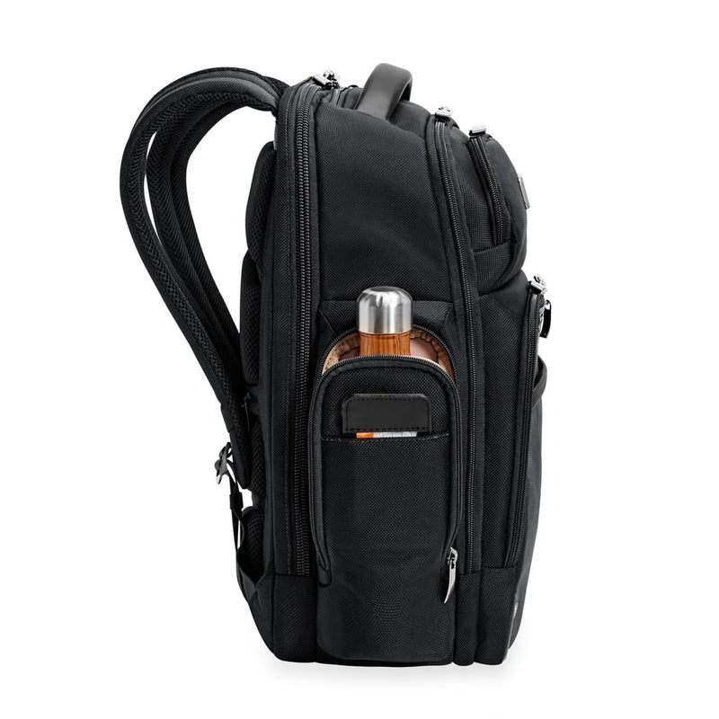 water bottle pocket of black Briggs & Riley @work Cargo Backpack