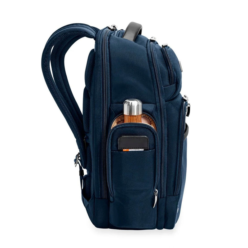 side pocket of navy Briggs & Riley @work Cargo Backpack