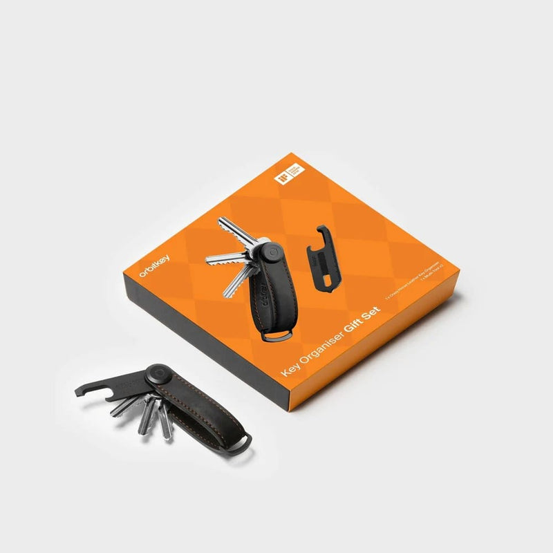 orbitkey key organizer gift set with orange packaging on a white background