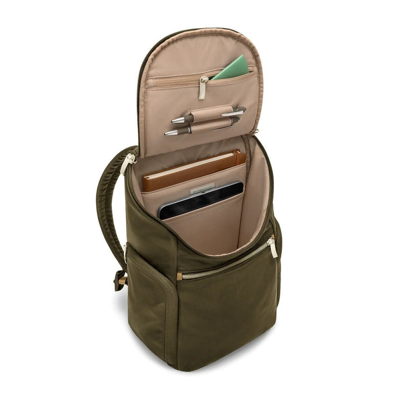 inside of olive Briggs & Riley Rhapsody U-Zip Backpack