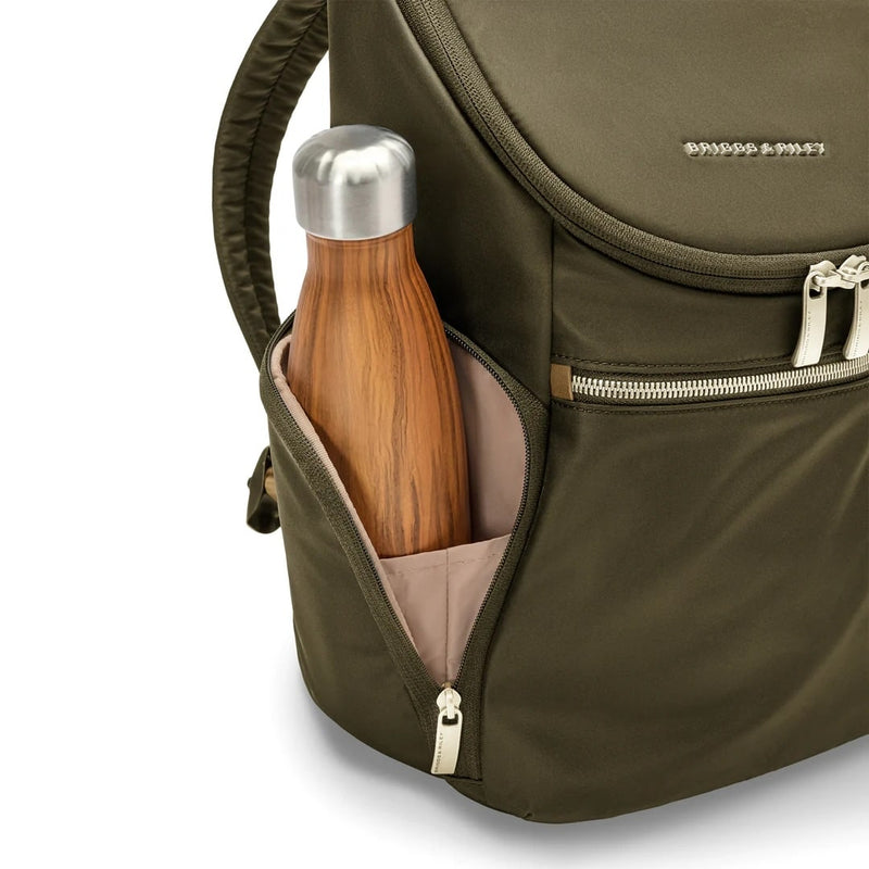 side pocket of olive Briggs & Riley Rhapsody U-Zip Backpack