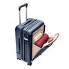 Blue Briggs & Riley suitcase with open compartment showing red and beige items on a white background