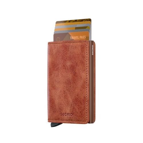 cards up in cognac-brown Secrid Slimwallet Vintage